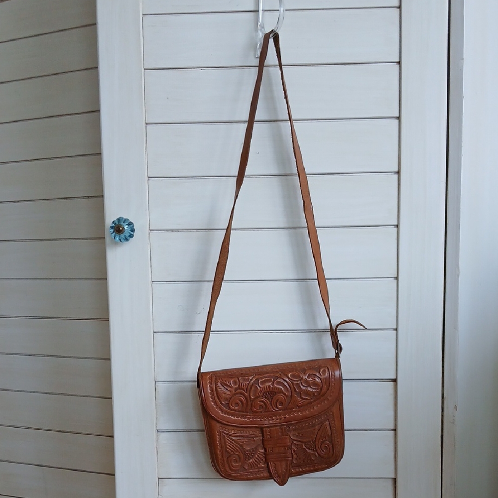 Vintage Tooled Brown Leather Crossbody Shoulder Bag Western Boho - Picture 1 of 16